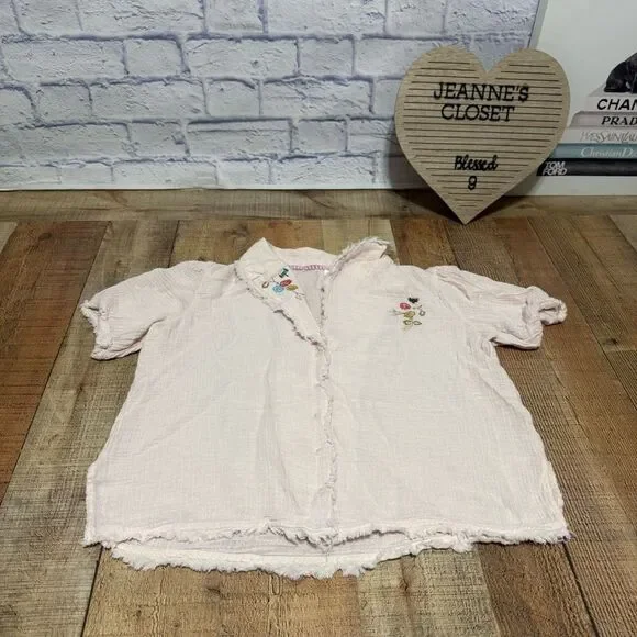 Anthropologie New Romilly Top Button-up Collared Women Size M Pink Embroidery - Picture 7 of 14